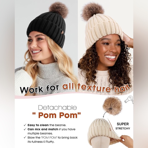 FURTALK Satin Lined Pom Pom Beanie Beige Faux Fur Knit Hat New - Picture 2 of 9